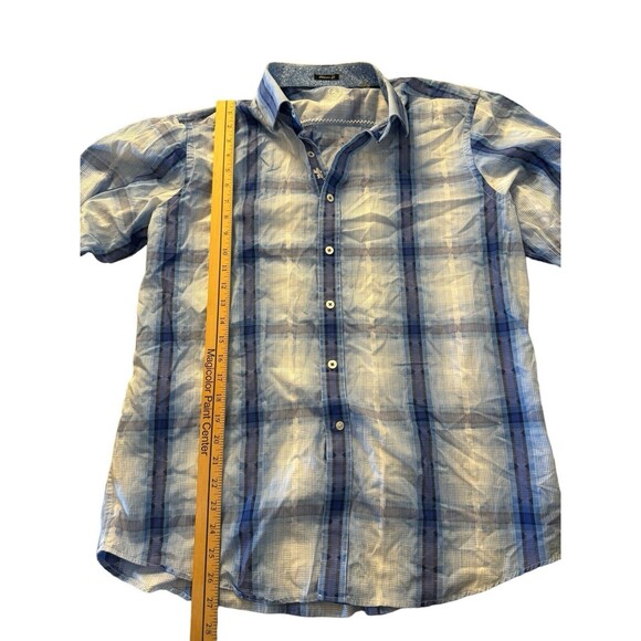 Bugatchi Uomo Men's Blue Linen Plaid Short Sleeve Classic Fit Button Up L Shirt - Picture 10 of 15